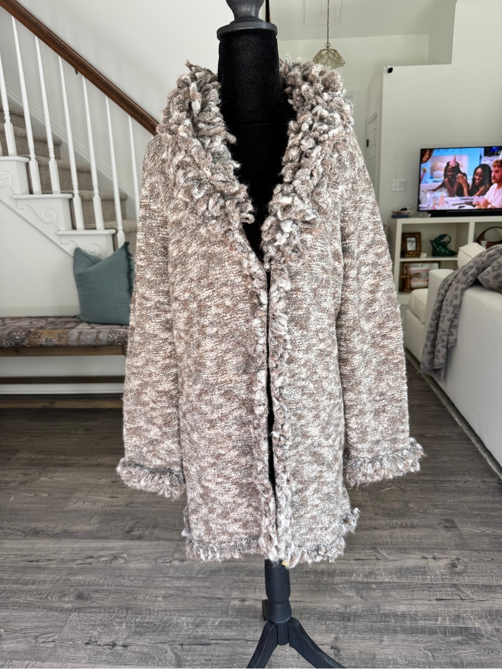 Nine West Taupe Marled Bouclé Cardigan with Textured Trim